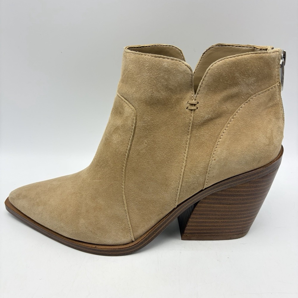 Vince Camuto Booties Womens 9 M Beige Ankle Gradesha Faux Suede Block Heel